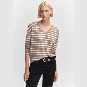 MANGO MNG STRIPED V-NECK COTTON T-SHIRT SZ M